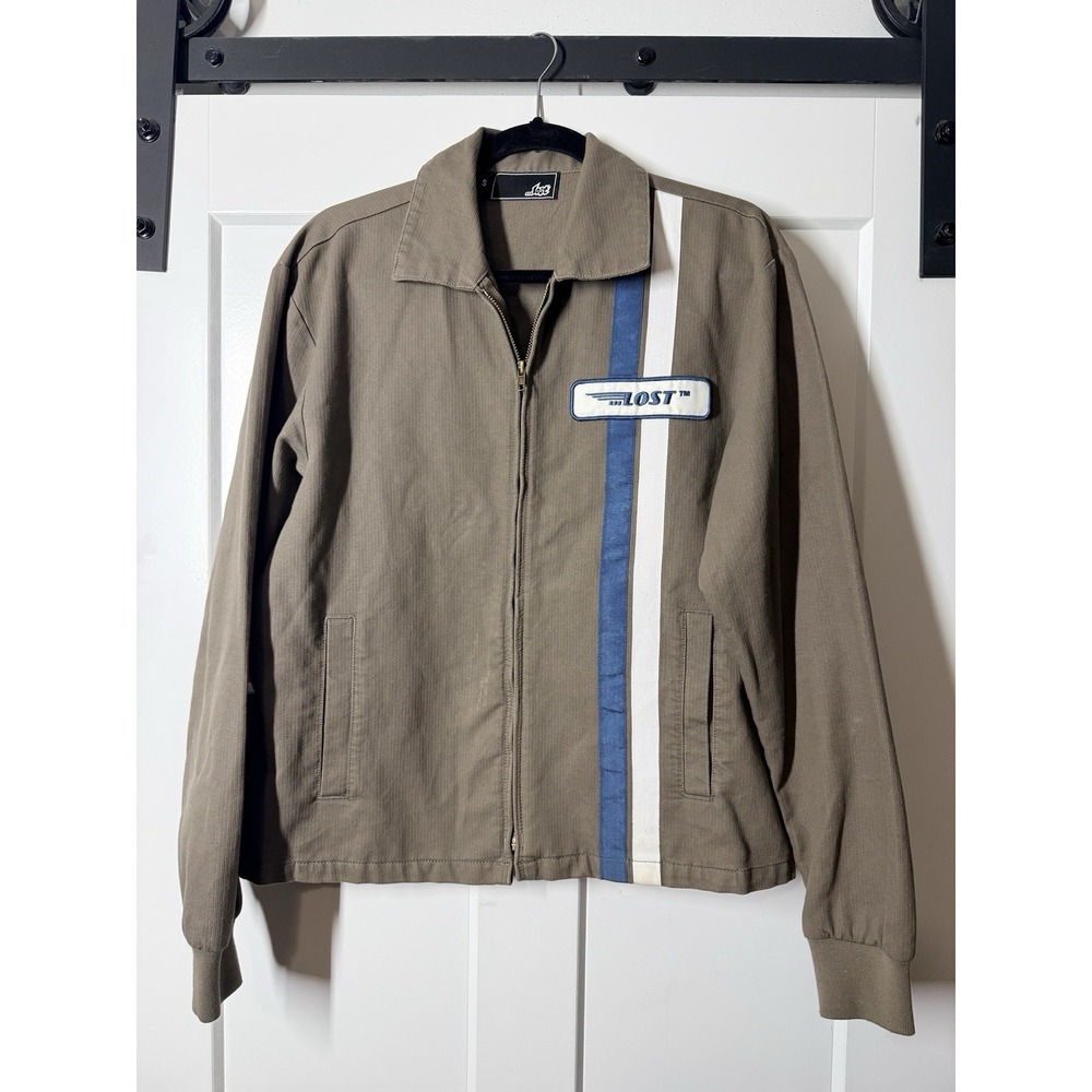 Lost Enterprises Jacket Mens Small Zip Racing Stripe Surf Skate Y2K Brown Logo